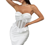 Pearl Rhinestone Lace Backless Tube Top