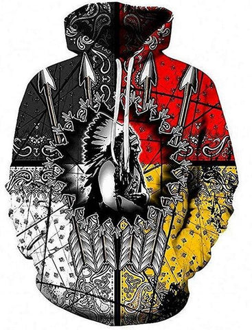 Colorful Indian printed sweatshirt with native patterns and a bold graphic design, featuring a tribal chief and arrows.