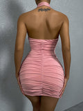 Cross Halter Neckless Pleated Dress