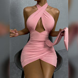 Cross Halter Neckless Pleated Dress