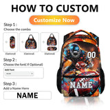 Customization steps for Homexzdiy personalized football backpack for boys, featuring vibrant design and options to add a name.