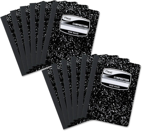 Mead Composition Notebook, 12 Pack, Wide Ruled Paper, 7-1/2" x 9-3/4", 100 Sheets per Comp Book, Black Marble (72936)