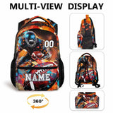 Customizable Homexzdiy football backpack with vibrant design, featuring name option, multi-view display for kids age 6-18.