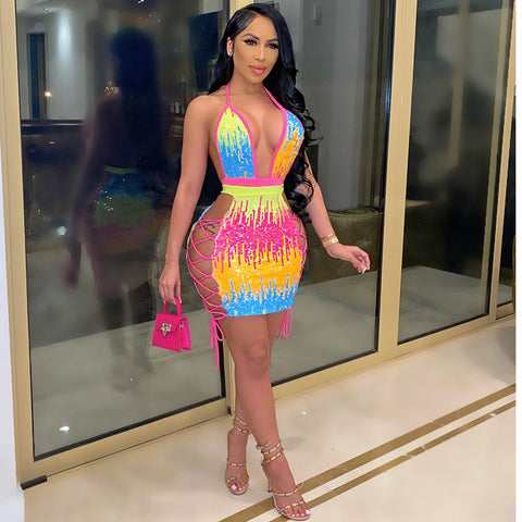 Women's Sexy  Halter Back Sequin Nightclub Dress