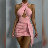Cross Halter Neckless Pleated Dress