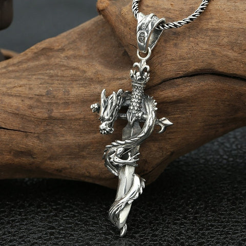 Sterling Silver Cross Holy Sword Dragon Pendant