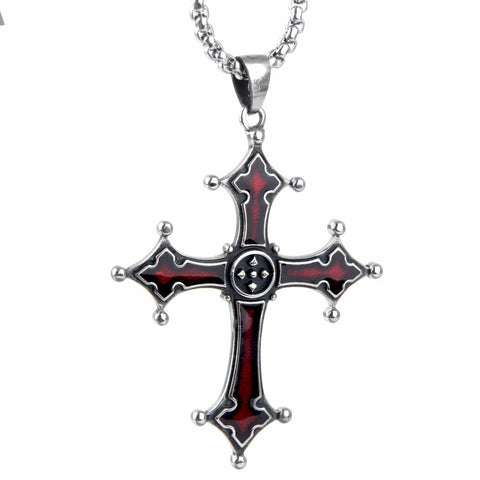 Vintage Red Cross Pendant Titanium Steel Necklace