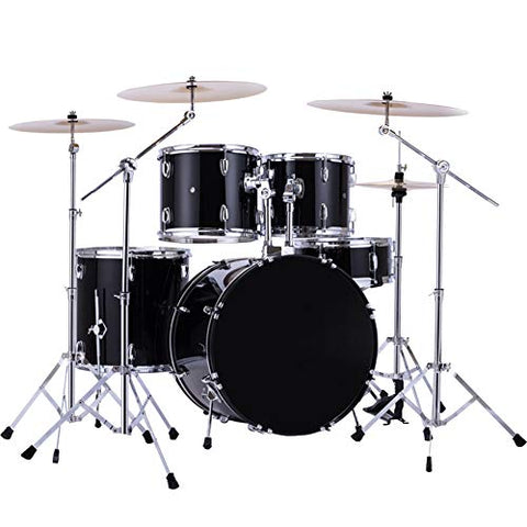 HBIAO Full Size Adult Drum Set, Complete Professional Percussion Kit 5 Piece with Cymbals Stands Stool and Sticks,Black