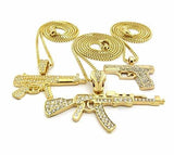 Shiny Jewelers USA Mens ICED Out Machine Gun AK47 Chopper,Uzi Weapon, Hand Gun Pendant Box, Rope, Cuban Chain 3 Necklace Set (Set of 3 Necklace)
