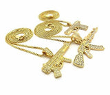 Shiny Jewelers USA Mens ICED Out Machine Gun AK47 Chopper,Uzi Weapon, Hand Gun Pendant Box, Rope, Cuban Chain 3 Necklace Set (Set of 3 Necklace)