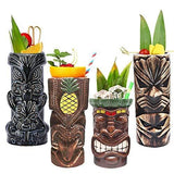Tiki Mugs Cocktail Set of 4 - Large Tumblers Ceramic Hawaiian Luau Party Mugs Drinkware, Cute Exotic Cocktail Glasses, Tiki Bar Professional Hawaiian Party Barware, TKSET0005