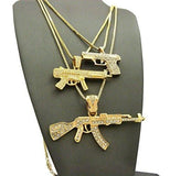 Shiny Jewelers USA Mens ICED Out Machine Gun AK47 Chopper,Uzi Weapon, Hand Gun Pendant Box, Rope, Cuban Chain 3 Necklace Set (Set of 3 Necklace)