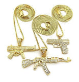 Shiny Jewelers USA Mens ICED Out Machine Gun AK47 Chopper,Uzi Weapon, Hand Gun Pendant Box, Rope, Cuban Chain 3 Necklace Set (Set of 3 Necklace)