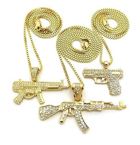 Shiny Jewelers USA Mens ICED Out Machine Gun AK47 Chopper,Uzi Weapon, Hand Gun Pendant Box, Rope, Cuban Chain 3 Necklace Set (Set of 3 Necklace)