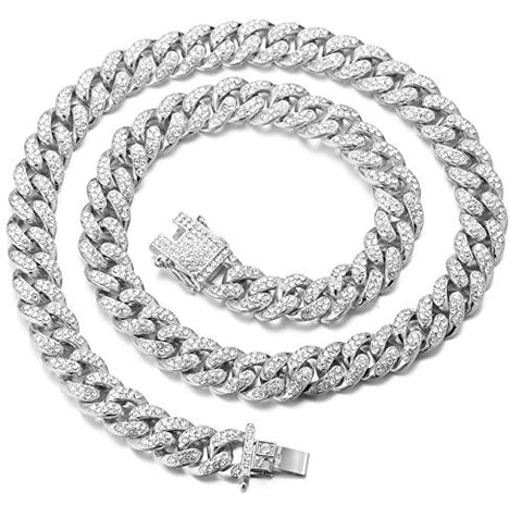 Halukakah Gold Chain Iced Out for Men,Men's 14MM Miami Cuban Link Chain Choker Necklace 18In(45cm) Platinum White Gold Finish,Full Cz Diamond Cut Prong Set,Gift for Him