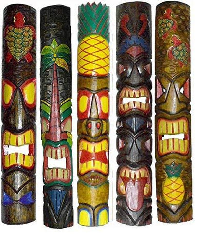 Set of 5 40" Polynesian Hawaiian Tiki Bar Style Wall Masks Island Art