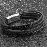Men Stainless Steel Leather Bracelets Braided Rope Magnetic Clasp