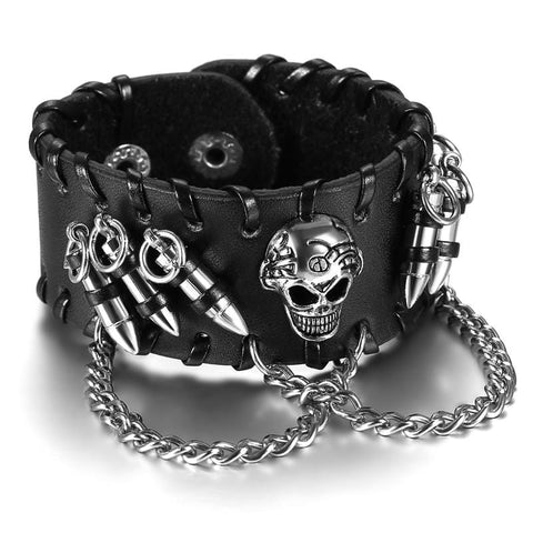 Punk Rock Black Men Wide Leather Bracelets