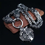 Men domineering stainless steel wolf head necklace with Nordic Viking Thor hammer pendant hanging Viking king chain