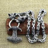 Men domineering stainless steel wolf head necklace with Nordic Viking Thor hammer pendant hanging Viking king chain