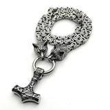 Men domineering stainless steel wolf head necklace with Nordic Viking Thor hammer pendant hanging Viking king chain