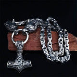 Men domineering stainless steel wolf head necklace with Nordic Viking Thor hammer pendant hanging Viking king chain
