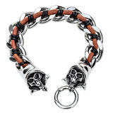 Mens black leather bangle bracelets stainless steel