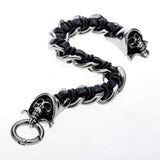 Mens black leather bangle bracelets stainless steel