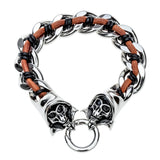 Mens black leather bangle bracelets stainless steel