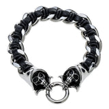 Mens black leather bangle bracelets stainless steel
