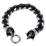 Mens black leather bangle bracelets stainless steel