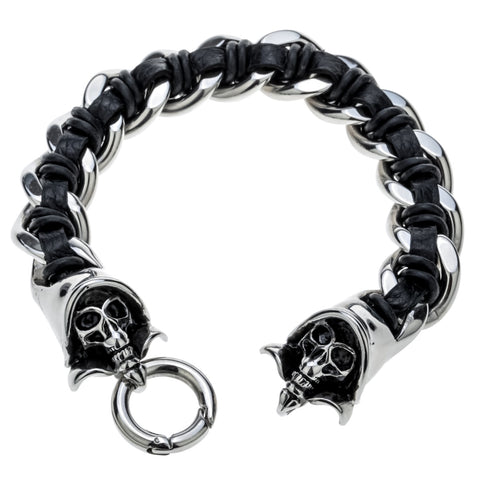 Mens black leather bangle bracelets stainless steel