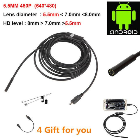 Waterproof HD 5M/7mm Endoscope Lens Mini USB Inspection Camera with 6 LED Lights Borescope for Android Smartphone/PC/